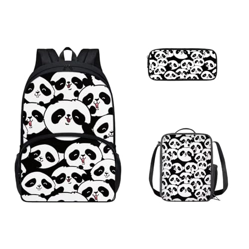 SEANATIVE 3-teiliges Set Schulranzen, lässiger Rucksack mit Lunchbox, Federmäppchen für Kinder, Teenager, großer Reiserucksack, Cartoon Panda von SEANATIVE