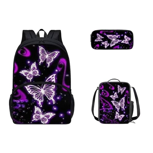 SEANATIVE 3-teiliges Set Schulranzen, lässiger Rucksack mit Lunchbox, Federmäppchen für Kinder, Teenager, großer Reiserucksack, Glitzernd, Schmetterling von SEANATIVE