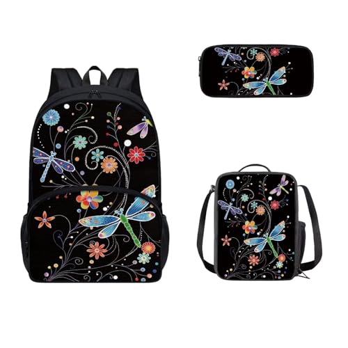 SEANATIVE 43,2 cm Schulrucksack mit Lunchbox und Federmäppchen Set für Kinder Mittelschule Viele Taschen, Blumige Libelle von SEANATIVE