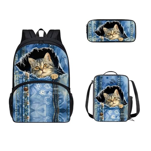 SEANATIVE 43,2 cm Schulrucksack mit Lunchbox und Federmäppchen Set für Kinder Mittelschule Viele Taschen, Katze, niedlich von SEANATIVE