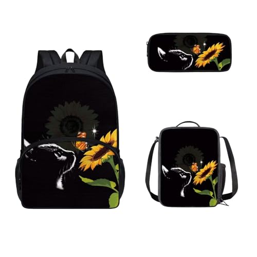 SEANATIVE 43,2 cm Schulrucksack mit Lunchbox und Federmäppchen Set für Kinder Mittelschule Viele Taschen, Sonnenblumenkatze von SEANATIVE