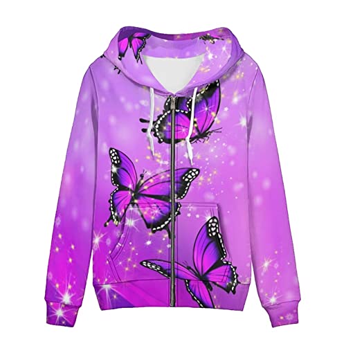 SEANATIVE Frauen Zip Up Hoodies Kordelzug Sweatshirt Langarm Casual Hoodie Jacke mit Tasche Größe XS-5XL, violettfarbener schmetterling, XXL von SEANATIVE