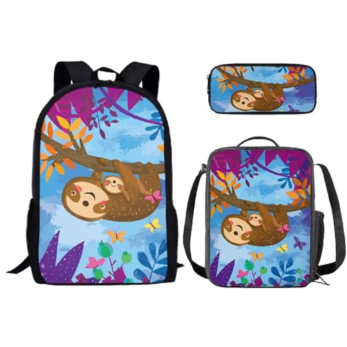 SEANATIVE Grundschule Büchertasche für Kinder, Schulrucksack mit Lunchbox, Federmäppchen, 3-teiliges Set, Faultier von SEANATIVE