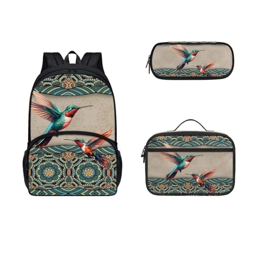 SEANATIVE Kinder-Rucksack, Büchertasche für Mädchen, Jungen, großer Rucksack mit Lunchbox, Federmäppchen, 3 Stück, Boho-Kolibri von SEANATIVE