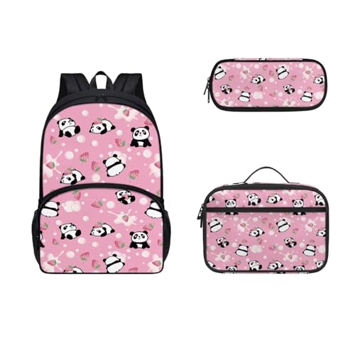 SEANATIVE Kinder-Rucksack, Büchertasche für Mädchen, Jungen, großer Rucksack mit Lunchbox, Federmäppchen, 3 Stück, Erdbeer-Panda von SEANATIVE