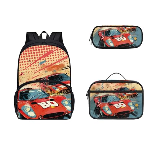 SEANATIVE Kinder-Rucksack, Büchertasche für Mädchen, Jungen, großer Rucksack mit Lunchbox, Federmäppchen, 3 Stück, Rotes Auto von SEANATIVE