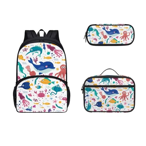 SEANATIVE Kinder-Rucksack, Büchertasche für Mädchen, Jungen, großer Rucksack mit Lunchbox, Federmäppchen, 3 Stück, ocean von SEANATIVE