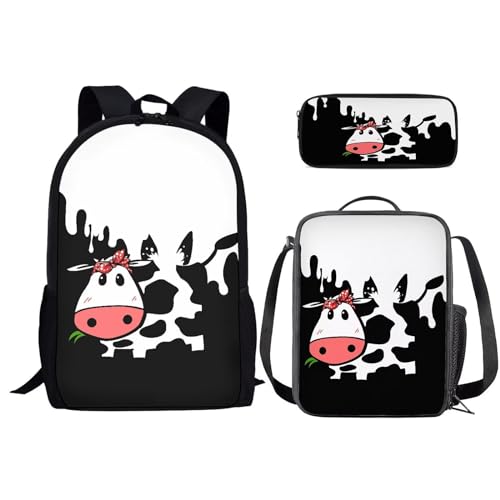 SEANATIVE Kinder-Rucksack, große Schultasche mit isolierter Lunchbox, Federmäppchen, Kinder-Büchertaschen-Set für Mädchen, Schulranzen, Milchkuh von SEANATIVE