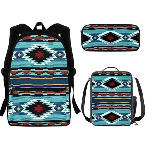 SEANATIVE Kinder-Rucksack für Mädchen und Jungen, 3-in-1, Schul-Büchertasche, strapazierfähige Schulter-Reisetasche mit Lunchbox, Federmäppchen, Blue Tribal von SEANATIVE