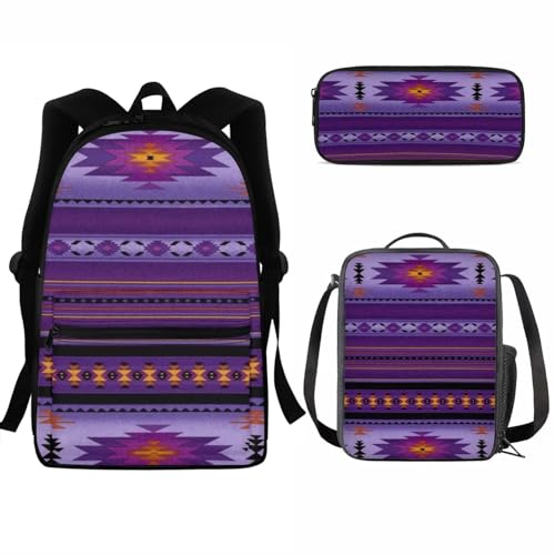 SEANATIVE Kinder-Rucksack für Mädchen und Jungen, 3-in-1, Schul-Büchertasche, strapazierfähige Schulter-Reisetasche mit Lunchbox, Federmäppchen, Lila Azteken von SEANATIVE