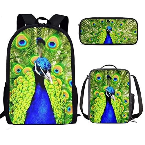 SEANATIVE Kinder-Rucksack für Teenager, Mädchen, Jungen, niedliche Büchertasche, leichte Schultasche mit Lunchbox, Federmäppchen, 3-in-1, pfau, One size von SEANATIVE