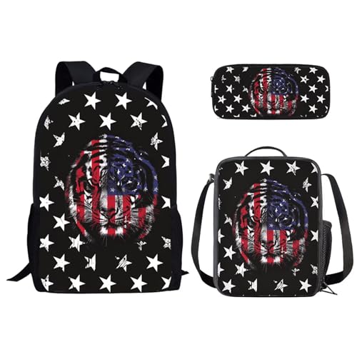 SEANATIVE Leichter Rucksack für Kinder, Grundschule, Büchertasche, lässiger Rucksack mit Lunchbox, Federmäppchen, Tiger mit amerikanischer Flagge von SEANATIVE