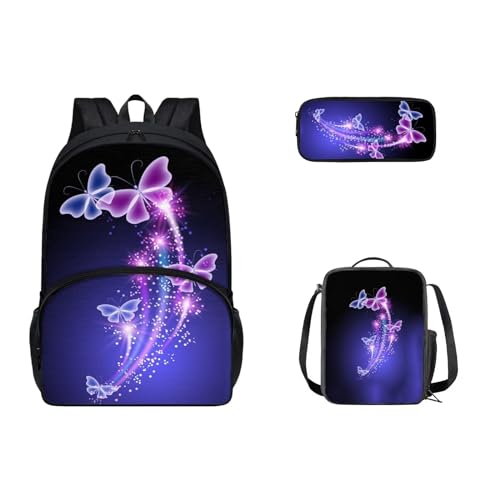 SEANATIVE Leichter Rucksack für Mädchen und Jungen, Kawaii-Schultasche, Schultertasche, Büchertasche, mit isolierter Lunchbox, Glitzernd, Schmetterling von SEANATIVE