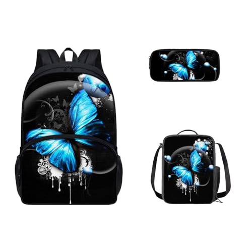 SEANATIVE Leichter Rucksack für Mädchen und Jungen, Kawaii-Schultasche, Schultertasche, Büchertasche, mit isolierter Lunchbox, blau mit schmetterlingen von SEANATIVE