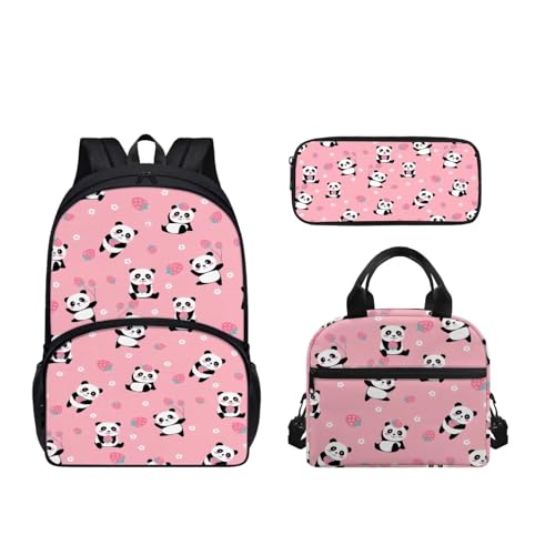 SEANATIVE Leichtes Schulrucksack-Set für Teenager, Mädchen, Jungen, 3-in-1, Schultasche mit Lunchbox, Kinder-Rucksäcke, Erdbeer-Panda von SEANATIVE