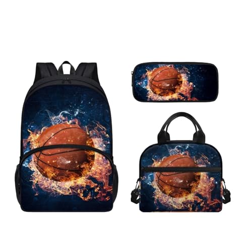 SEANATIVE Leichtes Schulrucksack-Set für Teenager, Mädchen, Jungen, 3-in-1, Schultasche mit Lunchbox, Kinder-Rucksäcke, Feuer-Basketball von SEANATIVE