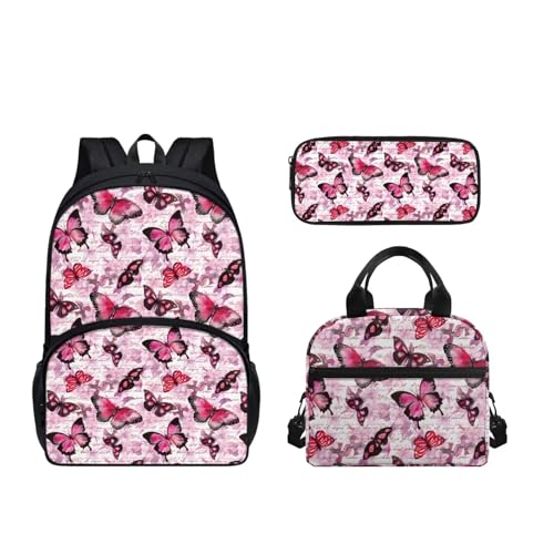 SEANATIVE Leichtes Schulrucksack-Set für Teenager, Mädchen, Jungen, 3-in-1, Schultasche mit Lunchbox, Kinder-Rucksäcke, rosa Schmetterling (Pink Butterfly) von SEANATIVE