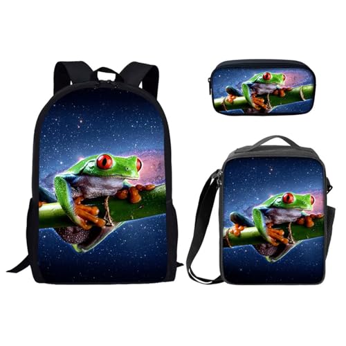 SEANATIVE Mädchen-Rucksack-Set, Schultasche, Schultasche, hohe Mittelschule, großes Fassungsvermögen, Reise-Tagesrucksack, 3-teilig, frosch von SEANATIVE