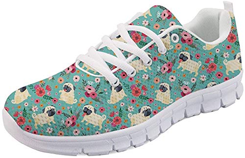 SEANATIVE Modische Turnschuhe für Damen, bequeme Sport-Laufschuhe, Schnürschuhe, Netzgewebe, flache Schuhe für Teenager, Mädchen, Wandern, Tennis, Turnschuhe, Mops, 39 EU von SEANATIVE