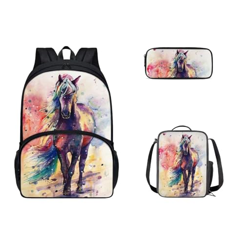 SEANATIVE Niedlicher Kinder-Rucksack, Teenager, Mädchen, Jungen, Schultasche, robuster Rucksack, Schüler, Tagesrucksack mit Lunchbox, Federmäppchen, Aquarell-Pferd von SEANATIVE