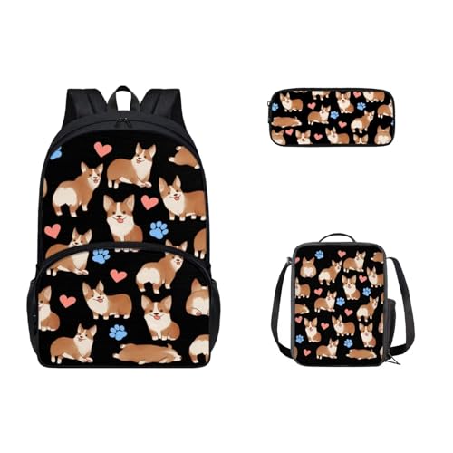 SEANATIVE Niedlicher Kinder-Rucksack, Teenager, Mädchen, Jungen, Schultasche, robuster Rucksack, Schüler, Tagesrucksack mit Lunchbox, Federmäppchen, Corgi Puppy von SEANATIVE