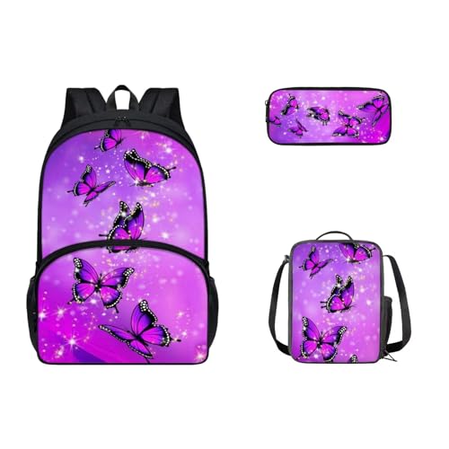 SEANATIVE Niedlicher Kinder-Rucksack, Teenager, Mädchen, Jungen, Schultasche, robuster Rucksack, Schüler, Tagesrucksack mit Lunchbox, Federmäppchen, Glitzernd, Schmetterling von SEANATIVE