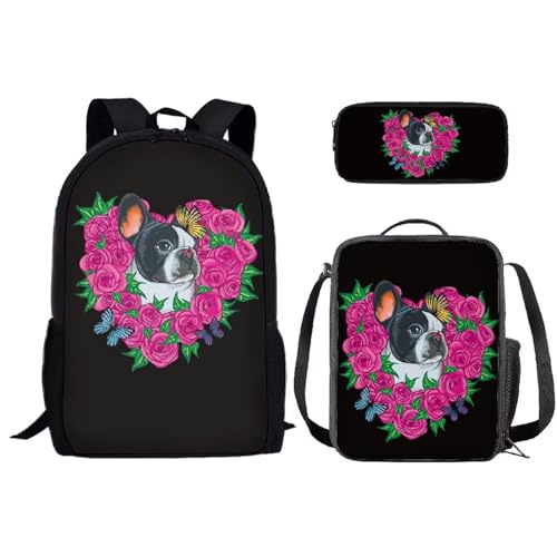 SEANATIVE Niedliches Schulrucksack-Set für Kinder, Kindergarten, Grundschule, Schüler, Schultasche mit Lunchbox, Federmäppchen, Bulldogge Blume von SEANATIVE