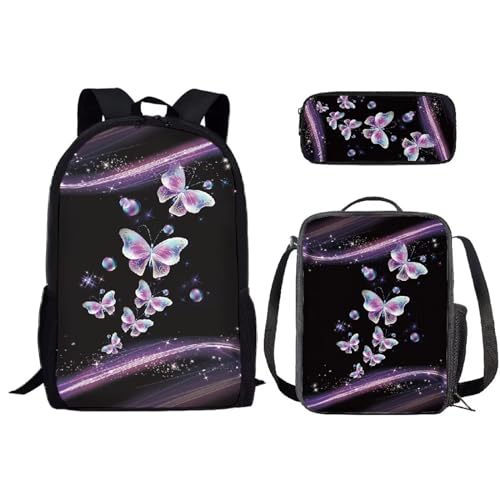 SEANATIVE Niedliches Schulrucksack-Set für Kinder, Kindergarten, Grundschule, Schüler, Schultasche mit Lunchbox, Federmäppchen, Glitzernd, Schmetterling von SEANATIVE