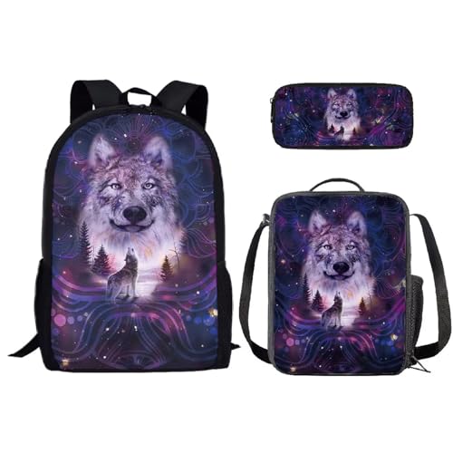 SEANATIVE Niedliches Schulrucksack-Set für Kinder, Kindergarten, Grundschule, Schüler, Schultasche mit Lunchbox, Federmäppchen, Mandala-Wolf von SEANATIVE