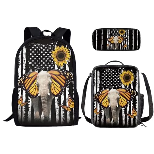 SEANATIVE Niedliches Schulrucksack-Set für Kinder, Kindergarten, Grundschule, Schüler, Schultasche mit Lunchbox, Federmäppchen, Schmetterlings-Elefant von SEANATIVE