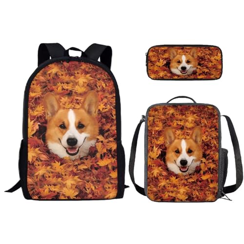 SEANATIVE Niedliches Schulrucksack-Set für Kinder, Kindergarten, Grundschule, Schüler, Schultasche mit Lunchbox, Federmäppchen, Süße Corgi von SEANATIVE