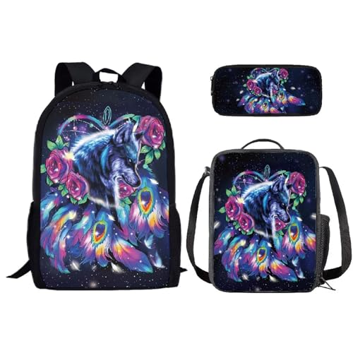 SEANATIVE Niedliches Schulrucksack-Set für Kinder, Kindergarten, Grundschule, Schüler, Schultasche mit Lunchbox, Federmäppchen, Wolf Traumfänger von SEANATIVE