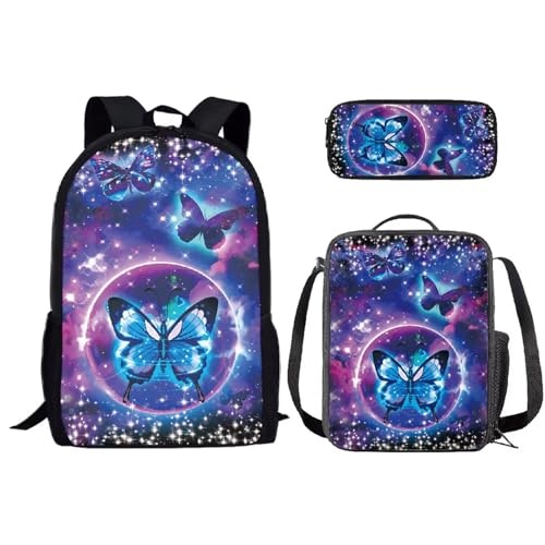 SEANATIVE Niedliches Schulrucksack-Set für Kinder, Kindergarten, Grundschule, Schüler, Schultasche mit Lunchbox, Federmäppchen, blau mit schmetterlingen von SEANATIVE