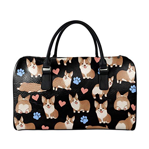 SEANATIVE Reisetasche mit großer Kapazität für Damen und Herren, Leder, Wochenendtasche, Übernachtung, Duffle-Tasche, Gepäck, Schwarzer Corgi von SEANATIVE