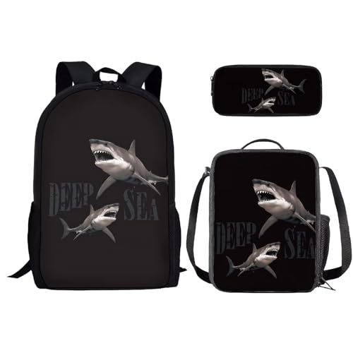 SEANATIVE Schüler-Schulrucksack, Polyester, Büchertasche mit isolierter Lunchtasche, Federmäppchen für Teenager, Mädchen, Jungen, 3 Stück, Sea Shark von SEANATIVE