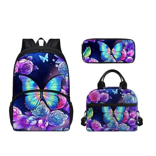 SEANATIVE Schulranzen-Set für Teenager, Mädchen, Jungen, leichter Rucksack, niedliche Büchertasche mit Lunchbox für Kinder, Schulanfang, Elegante Schmetterlingsblume von SEANATIVE