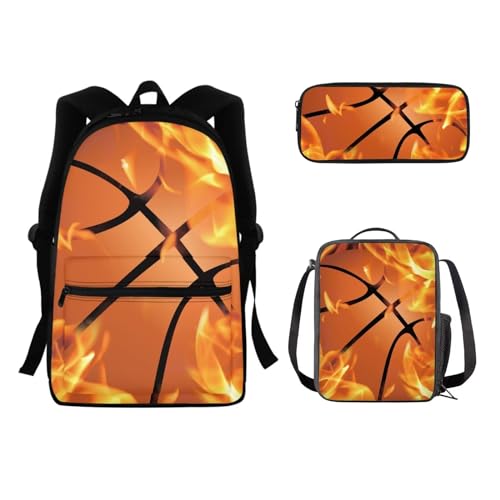 SEANATIVE Schulrucksack für Kinder, mit Lunchbox, Federmäppchen, Schultasche, Schultertasche, niedlicher Rucksack, 3-teiliges Set, Feuer-Basketball von SEANATIVE