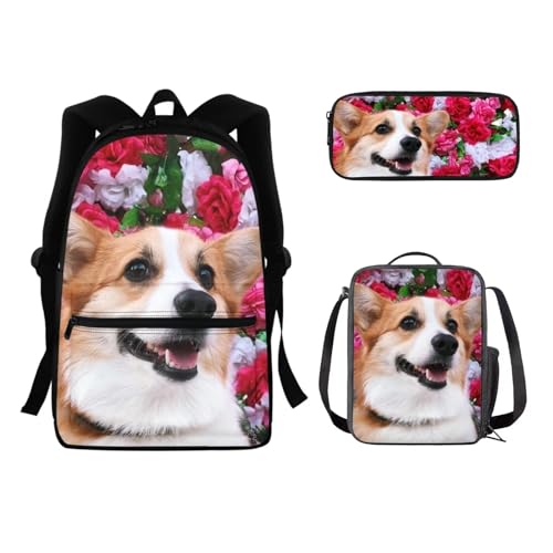 SEANATIVE Schulrucksack für Kinder, mit Lunchbox, Federmäppchen, Schultasche, Schultertasche, niedlicher Rucksack, 3-teiliges Set, Haustier Hund von SEANATIVE