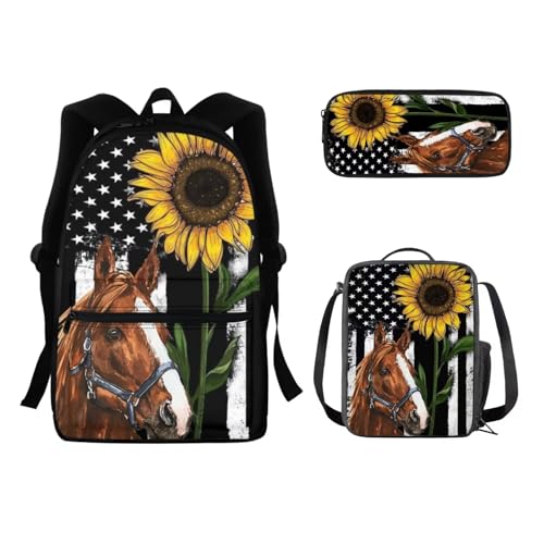 SEANATIVE Schulrucksack für Kinder, mit Lunchbox, Federmäppchen, Schultasche, Schultertasche, niedlicher Rucksack, 3-teiliges Set, Pferd mit amerikanischer Flagge von SEANATIVE