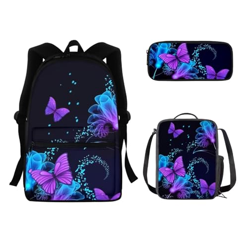 SEANATIVE Schulrucksack für Kinder, mit Lunchbox, Federmäppchen, Schultasche, Schultertasche, niedlicher Rucksack, 3-teiliges Set, schmetterlings- / blumendesign von SEANATIVE