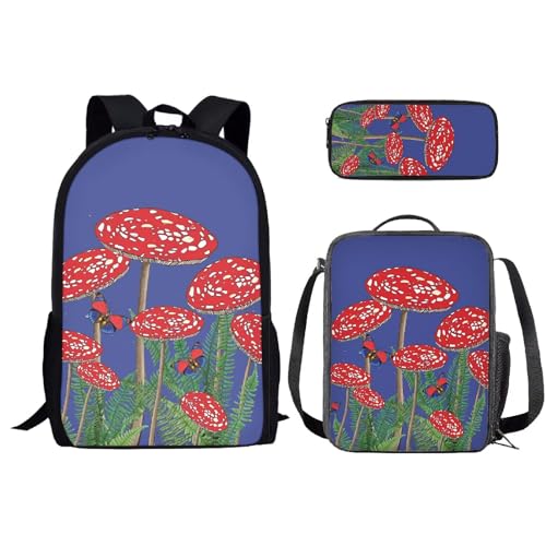 SEANATIVE Schulrucksack für Mädchen und Jungen, mit Lunchtasche, Federmäppchen, Kinder, Laptop, Büchertasche, lässiger Tagesrucksack, 3 Stück, mushroom von SEANATIVE