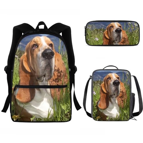 SEANATIVE Schultaschen-Set für Mädchen, lässig, groß, Tagesrucksack für Kinder, 3-teilig, Schultasche mit Lunchbox, Federmäppchen, Basset Hound von SEANATIVE