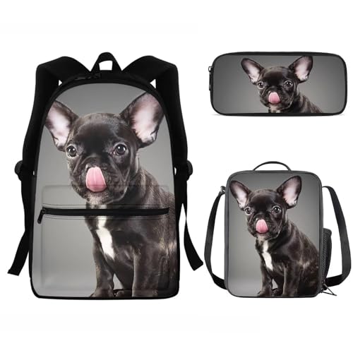 SEANATIVE Schultaschen-Set für Mädchen, lässig, groß, Tagesrucksack für Kinder, 3-teilig, Schultasche mit Lunchbox, Federmäppchen, Schöne Bulldogge von SEANATIVE