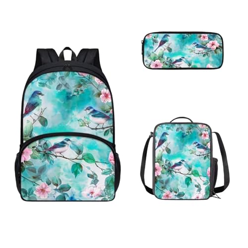 SEANATIVE Schultaschen für Kinder, Teenager, Rucksack mit Lunchbox und Federmäppchen, 3-teilig, Blumen-Vogel von SEANATIVE