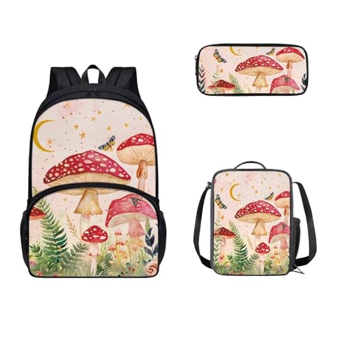 SEANATIVE Schultaschen für Kinder, Teenager, Rucksack mit Lunchbox und Federmäppchen, 3-teilig, Cartoom Mushroom von SEANATIVE