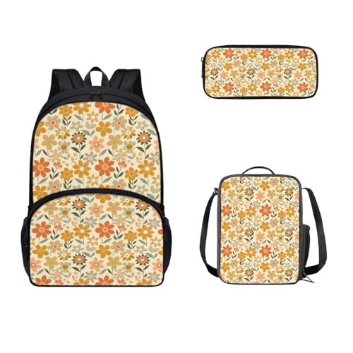 SEANATIVE Schultaschen für Kinder, Teenager, Rucksack mit Lunchbox und Federmäppchen, 3-teilig, Gelb mit Blumenmuster von SEANATIVE