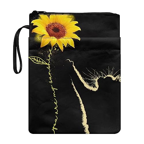 SEANATIVE Schwarze Katze Druck Kinder Buch Tasche Tragbare Buchschutz Sleeve Gelb Sonnenblume Buch Cover Tasche für Hardcover und Taschenbücher von SEANATIVE