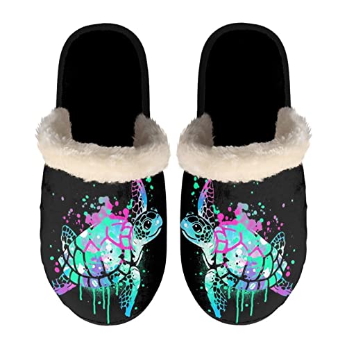 SEANATIVE Unisex Neuheit Hausschuhe Bequemer Plüsch Winter Indoor Slipper für Damen Herren, Aquarell Schildkröte, Large von SEANATIVE