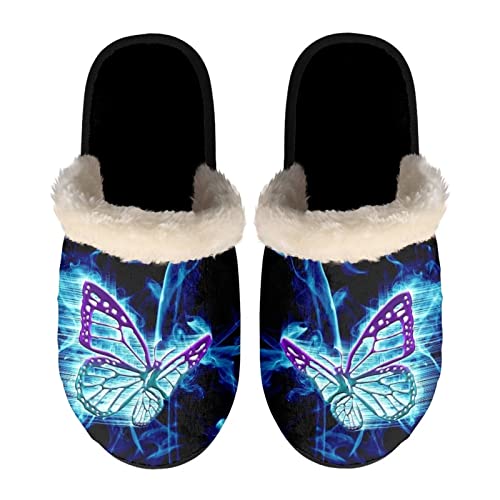 SEANATIVE Unisex Neuheit Hausschuhe Bequemer Plüsch Winter Indoor Slipper für Damen Herren, blau mit schmetterlingen, Large von SEANATIVE