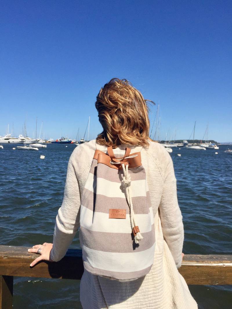 Beige Streifen Strandtasche, Seesack, Leinen Und Leder, Strand Rucksack, Seemannsrucksack, Im Maritimen Stil von SEAPRIA